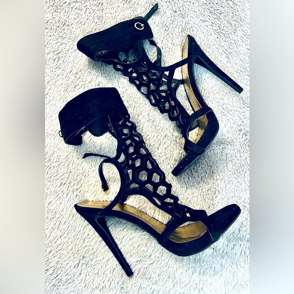 Nine West Black Geometric Cutout Suede Stiletto Sandals